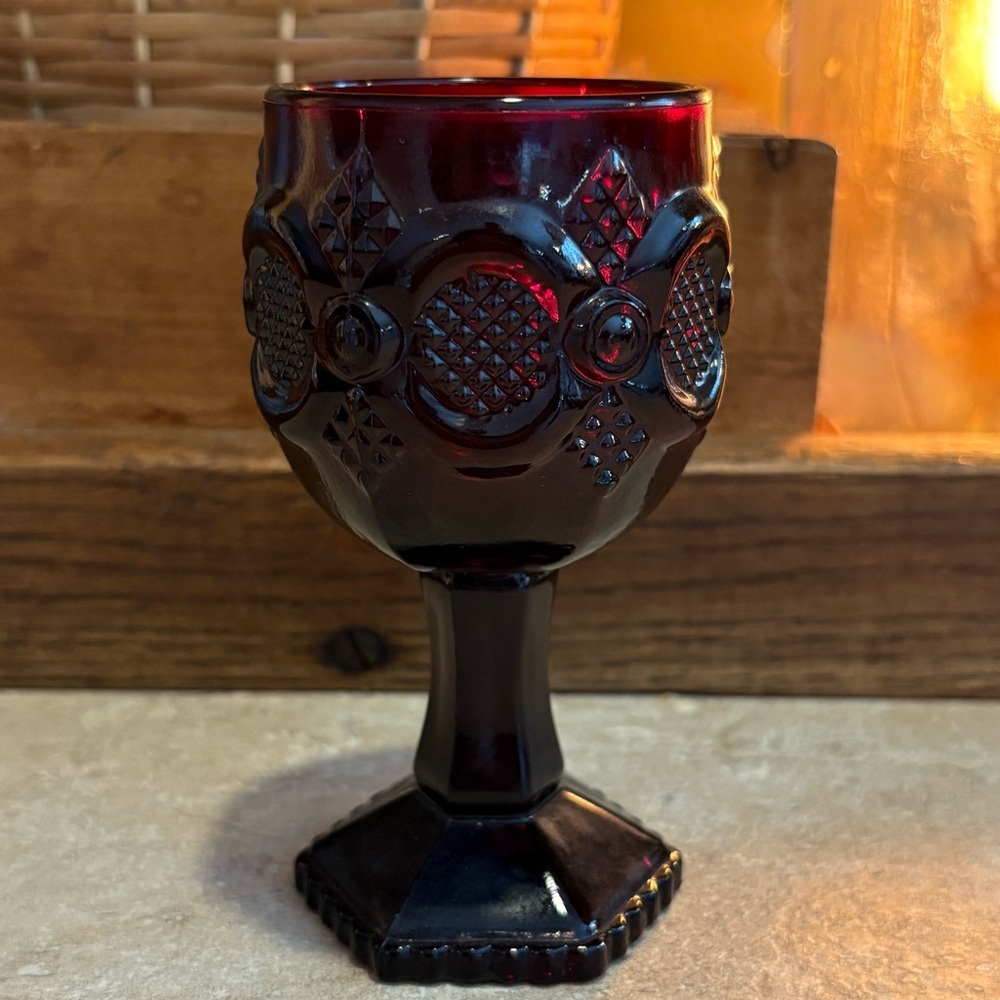 Avon Cape Cod Ruby Red small wine goblet, likely from the 1976 collection.